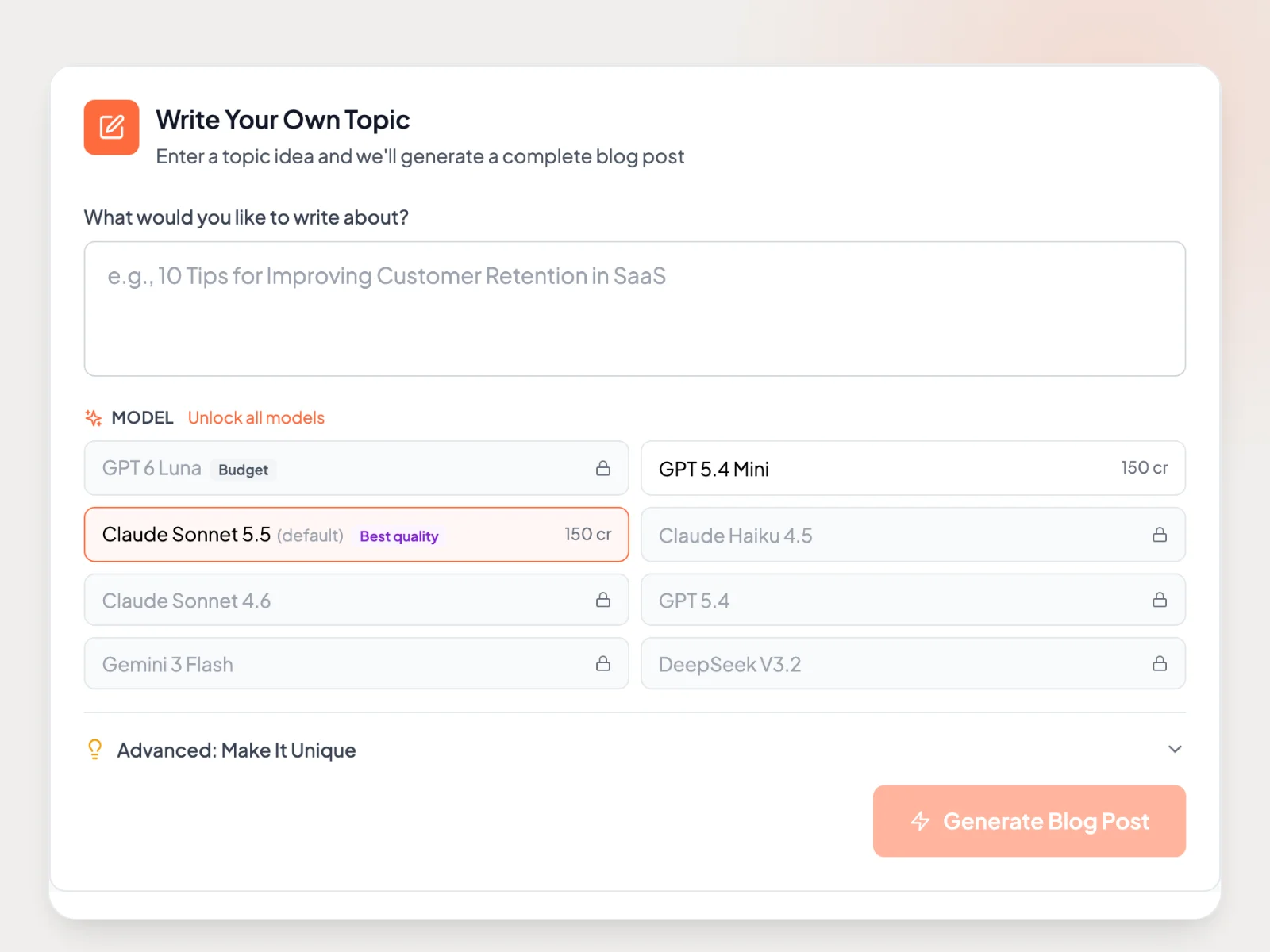 Draftly's Write Your Own Topic screen on the Free plan with a topic box and a model picker: Claude Sonnet 5.5 (default, Best quality, 150 credits) selected, GPT 5.4 Mini at 150 credits, and GPT 6 Luna (Budget), Claude Haiku 4.5, Claude Sonnet 4.6, GPT 5.4, Gemini 3 Flash and DeepSeek V3.2 locked