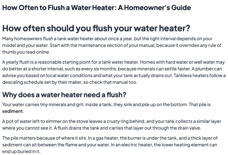 A Draftly draft titled How Often to Flush a Water Heater: A Homeowner's Guide, opening with question-style subheadings such as How often should you flush your water heater? and Why does a water heater need a flush?
